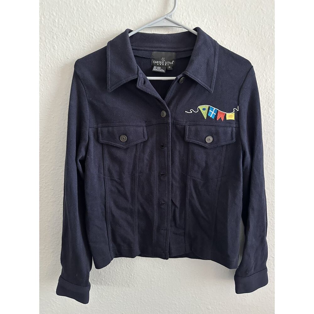 Vintage Carole Little embroidered flag long sleeve navy blue jacket size medium